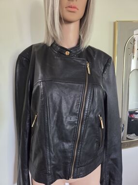 Michael Kors Womens Black Leather Moto Jacket with Gold Hardware Size 16